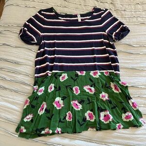Anthropologie Navy Striped and Green Floral Short Sleeve Top